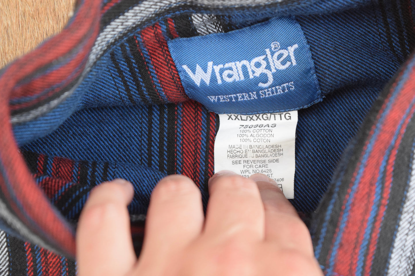 Wrangler red and blue pearl snap